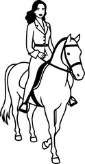 Black and white line art of a beautiful woman with perfect body riding horse elegant minimalist illustration