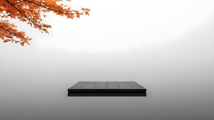 Minimalist surreal autumn landscape with floating black platform and orange tree branches against foggy background, abstract seasonal concept design for creative wallpaper backdrop