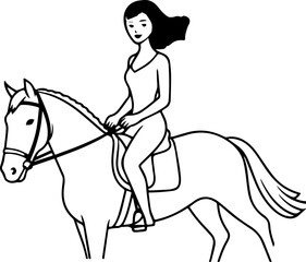 Black and white line art of a beautiful woman with perfect body riding horse elegant minimalist illustration