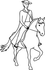 Black and white line art of a beautiful woman with perfect body riding horse elegant minimalist illustration