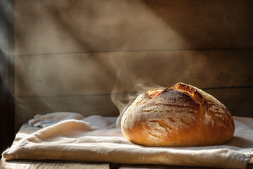 Freshly baked rustic bread in warm sunlight on linen cloth
