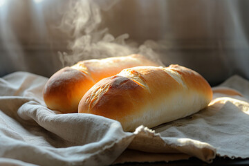 Freshly baked rustic bread in warm sunlight on linen cloth