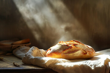 Freshly baked rustic bread in warm sunlight on linen cloth