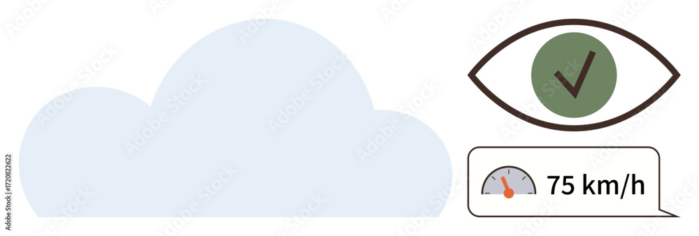 Poster cloud, eye with checkmark, and speedometer representing speed, tracking accuracy, efficiency, techno