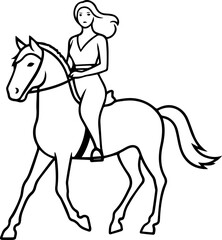 Black and white line art of a beautiful woman with perfect body riding horse elegant minimalist illustration