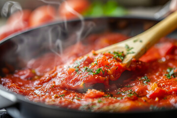 Homemade tomato vegetable stew cooking in steaming pan with wooden spoon