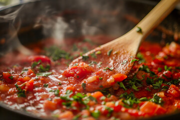 Homemade tomato vegetable stew cooking in steaming pan with wooden spoon