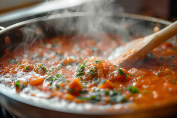 Homemade tomato vegetable stew cooking in steaming pan with wooden spoon