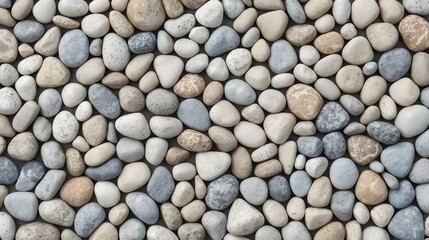 Smooth natural river stones background in neutral beige and gray tones, polished pebble texture for spa, wellness, interior design, landscaping, and decorative surface patterns