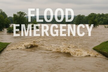 The words "FLOOD EMERGENCY" appear over a swollen, fast-moving river spilling onto land, symbolizing a natural disaster and urgent climate threat.