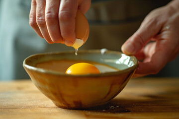 Breaking raw egg into ceramic bowl for cooking or baking
