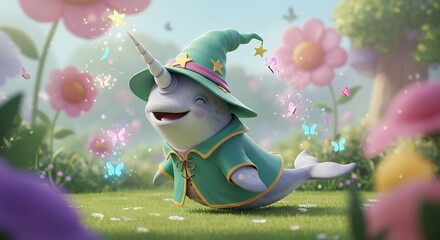 Adorable narwhal wizard in garden