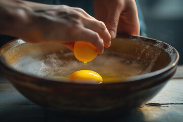 Breaking raw egg into ceramic bowl for cooking or baking