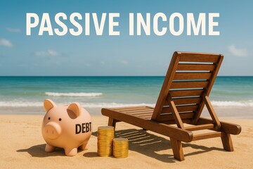 Piggy bank labeled "DEBT" beside stacked coins and a lounge chair on a beach, symbolizing financial freedom through passive income.