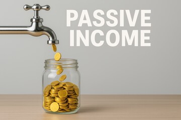 Gold coins flow from a faucet into a glass jar under the words "PASSIVE INCOME," symbolizing steady earnings and financial growth.