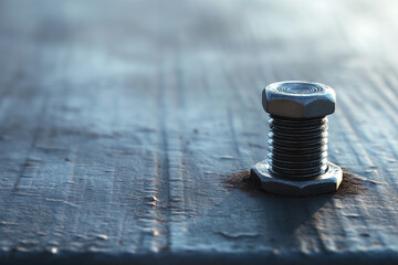 Close-up of metal bolt and nut on textured steel surface at sunset light