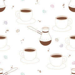 Vector seamless pattern featuring outlines of coffee cups and cezve coffee pot, with subtle color accents and decorative swirls on a white background. Ideal for cafe and kitchen themes