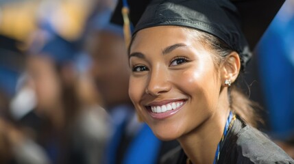 A graduate with a radiant smile is celebrating her achievement at a commencement ceremony. She wears a cap and gown, surrounded by fellow graduates.
