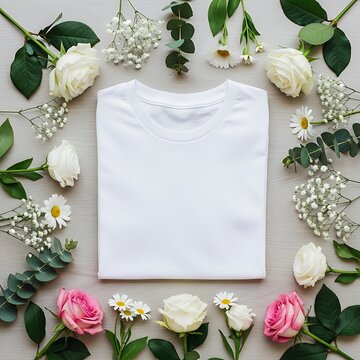 White T-Shirt Surrounded by Flowers.