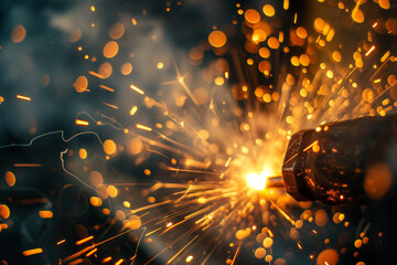 Bright welding sparks flying from metal in industrial workshop