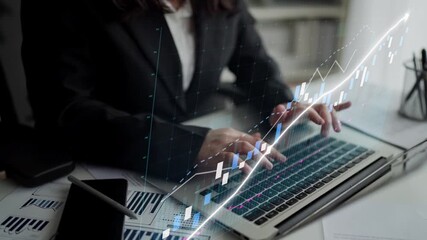 A businesswoman focuses on analyzing financial data on a laptop in a modern office. Graphs and market trends visually represent her investment strategies. Copula - Powered by Adobe