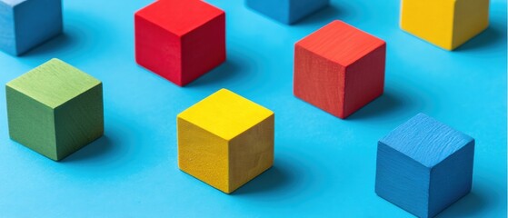 Fototapeta premium Colorful wooden cubes arranged on a blue background in a neat pattern