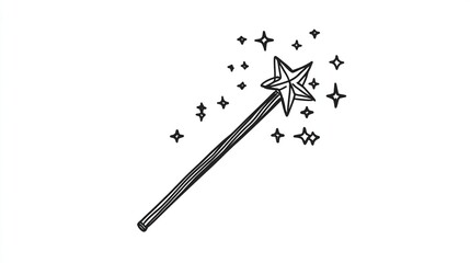 A hand-drawn, simple line art depiction of a magic wand with a star-shaped tip, emitting small sparkling stars
