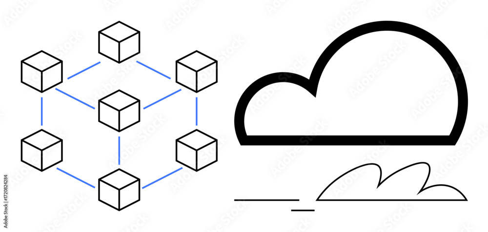 Poster simplified cloud shape and interconnected block structure highlighting data exchange, distributed sy