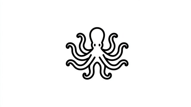 A minimalist line art illustration of an octopus, facing forward, with eight sinuous tentacles, set against a stark white background.  The style is simple and elegant