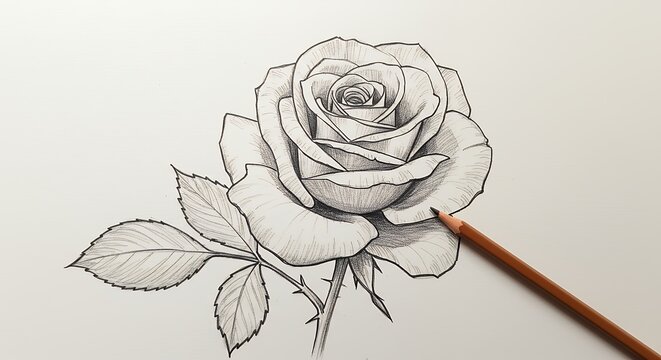 Detailed pencil sketch of a rose