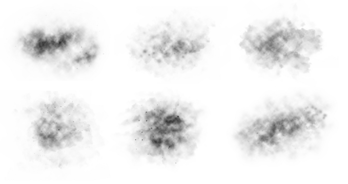 Various textured clouds in shades of black and gray on white background