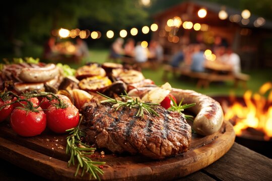A wooden platter with grilled steak, sausages, vegetables, and herbs at an outdoor barbecue, with people dining in the background under string lights - Powered by Adobe