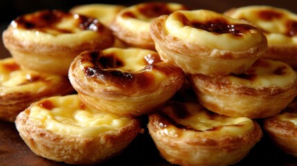 Golden Portuguese custard tarts stacked together, featuring flaky pastry and creamy, caramelized custard tops