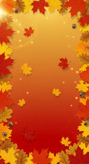Obraz premium Vibrant autumn frame with colorful maple and oak leaves and scattered acorns on a warm gradient background, perfect for fall season designs