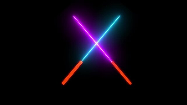 Neon glowing lightsaber fight, futuristic laser sword duel, vibrant sci fi energy weapon battle, glowing saber cross animation