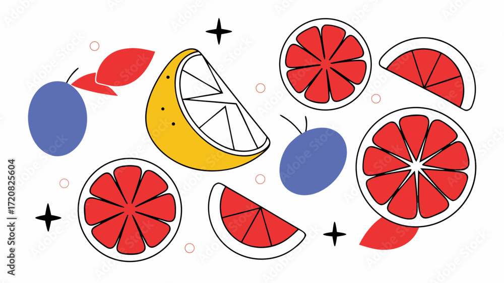 Poster colorful citrus slices, plums, and abstract shapes create playful fruit pattern on transparency back