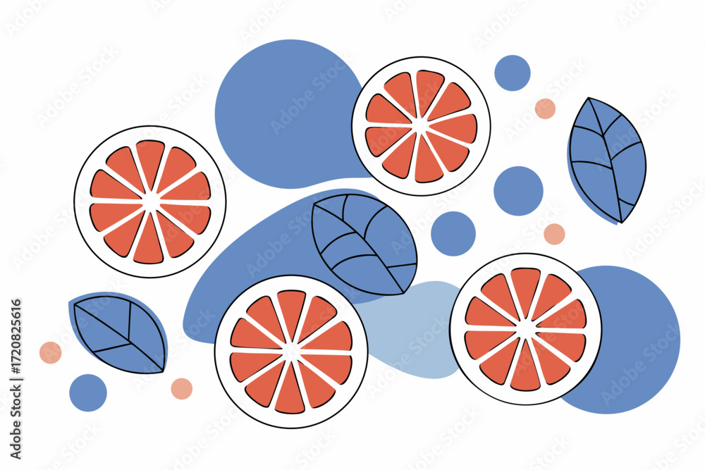 Poster grapefruit slices with blue leaves and abstract circles on transparency background, modern and fresh