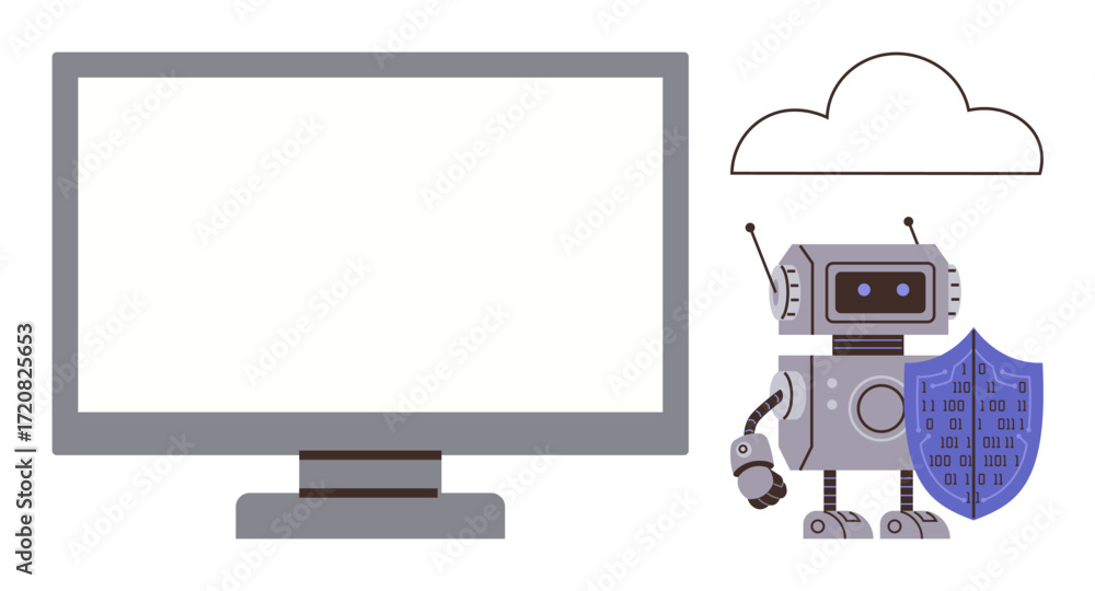 Poster robot holding shield near cloud and monitor suggests data encryption, protection, and security in di