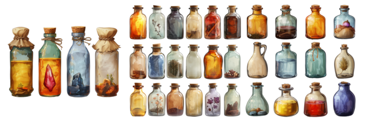 Set of Bottle in Retro Style Isolated on Transparent Background. PNG.