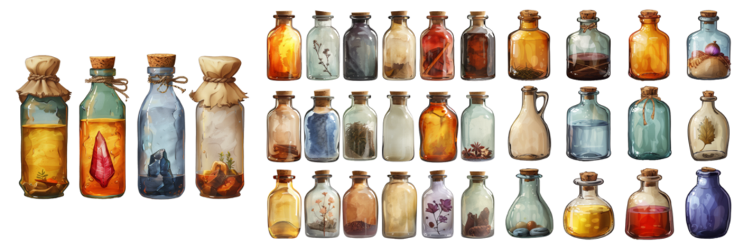Set of Bottle in Retro Style Isolated on Transparent Background. PNG.