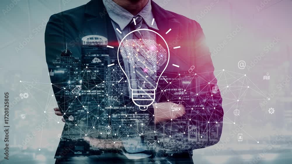 Poster ai innovation with neural network and digital transformation. ai innovation drives automation, power
