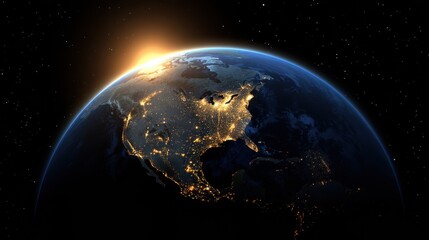 Obraz premium The sun rises over North America as city lights glow on the dark side of Earth, seen from space against a backdrop of stars