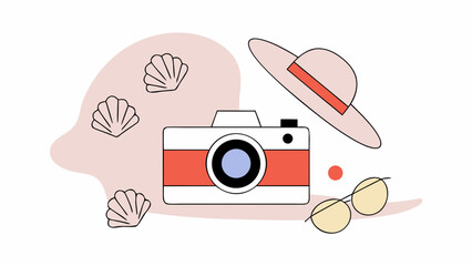 Top view of camera, hat, sunglasses, and seashells in minimal summer vacation concept