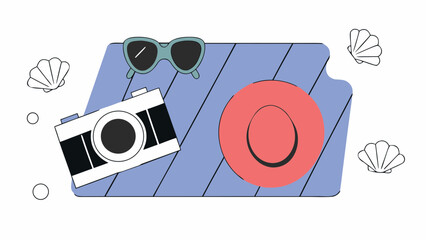 Top view of camera, hat, and sunglasses on beach towel with seashells, evoking summer vacation vibes