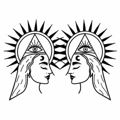 Twin goddess faces with third eye and mirrored sun and moon halos, mystical and spiritual line art