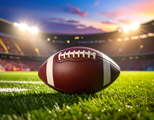 An American football on the green grass of a stadium field, under bright lights. A concept for sports, competition, and championships. Generative AI
