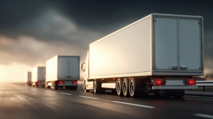 Trucks Driving on a Highway at Sunset with Dramatic Sky and Open Road Ahead