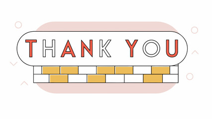 Thank you text in modern geometric style with red and black letters, outlined shapes, and brick pattern background