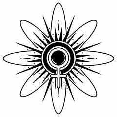 Feminine symbol in bold black lines centered in radiant sunburst with petal like rays and dotted accents