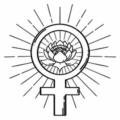 Radiating venus symbol with blooming lotus flower center, symbolizing feminine energy and spiritual awakening